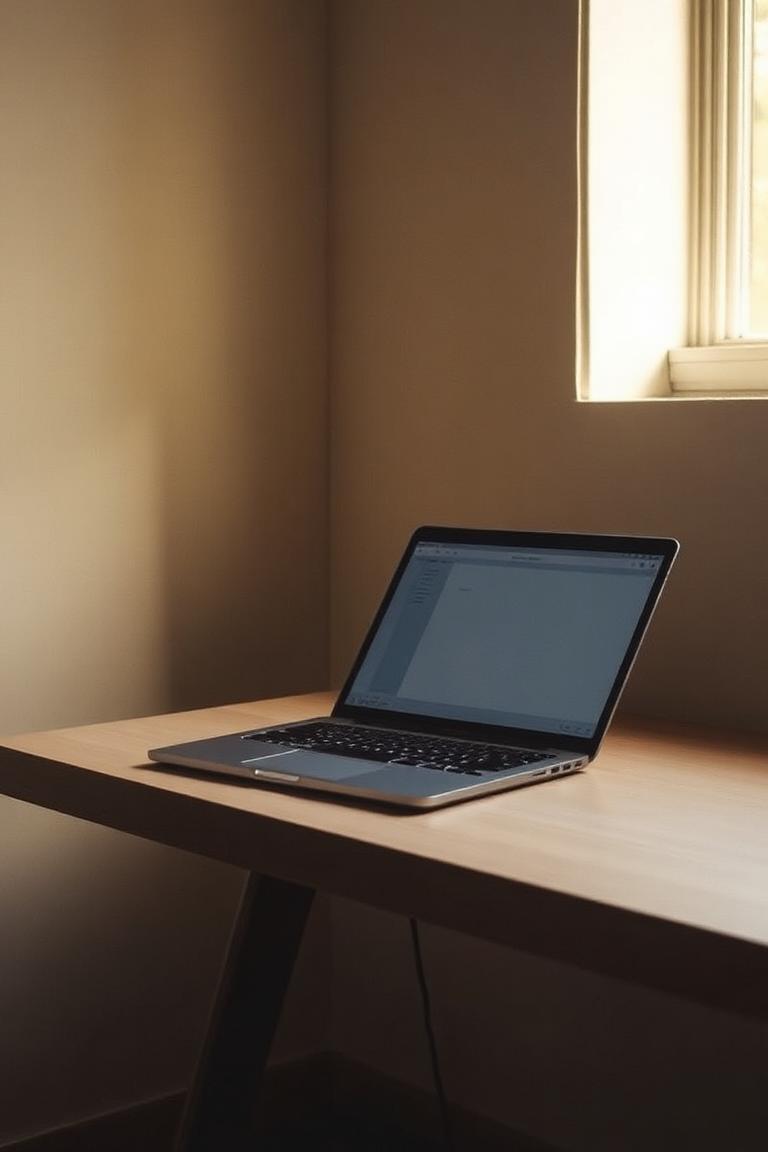 Laptop na biurku w ciepłym, niskim świetle